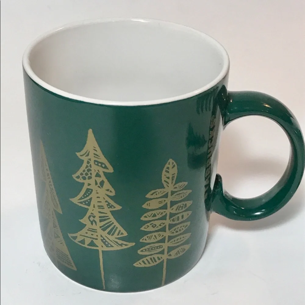 Set of Two Starbucks Christmas Mugs Green with Gold Trees White with Green Trees